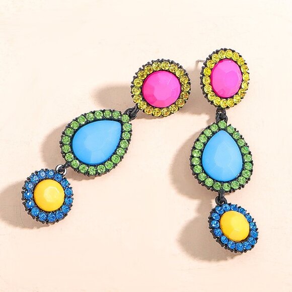 NEW Candy Bright and Bold Drop Statement Earrings Pink Blue Yellow Pierced - Picture 1 of 6
